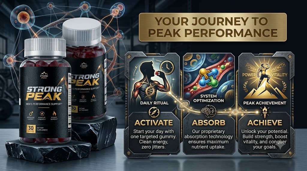 The brand's Strong Peak three-step journey infographic: activate, absorb, achieve